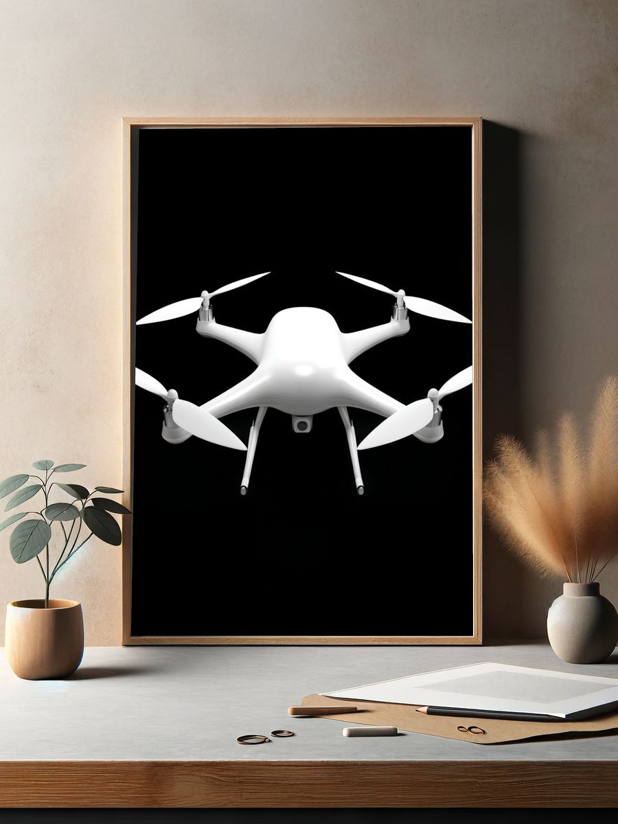 White Drone on Black Background Poster. — room view 2