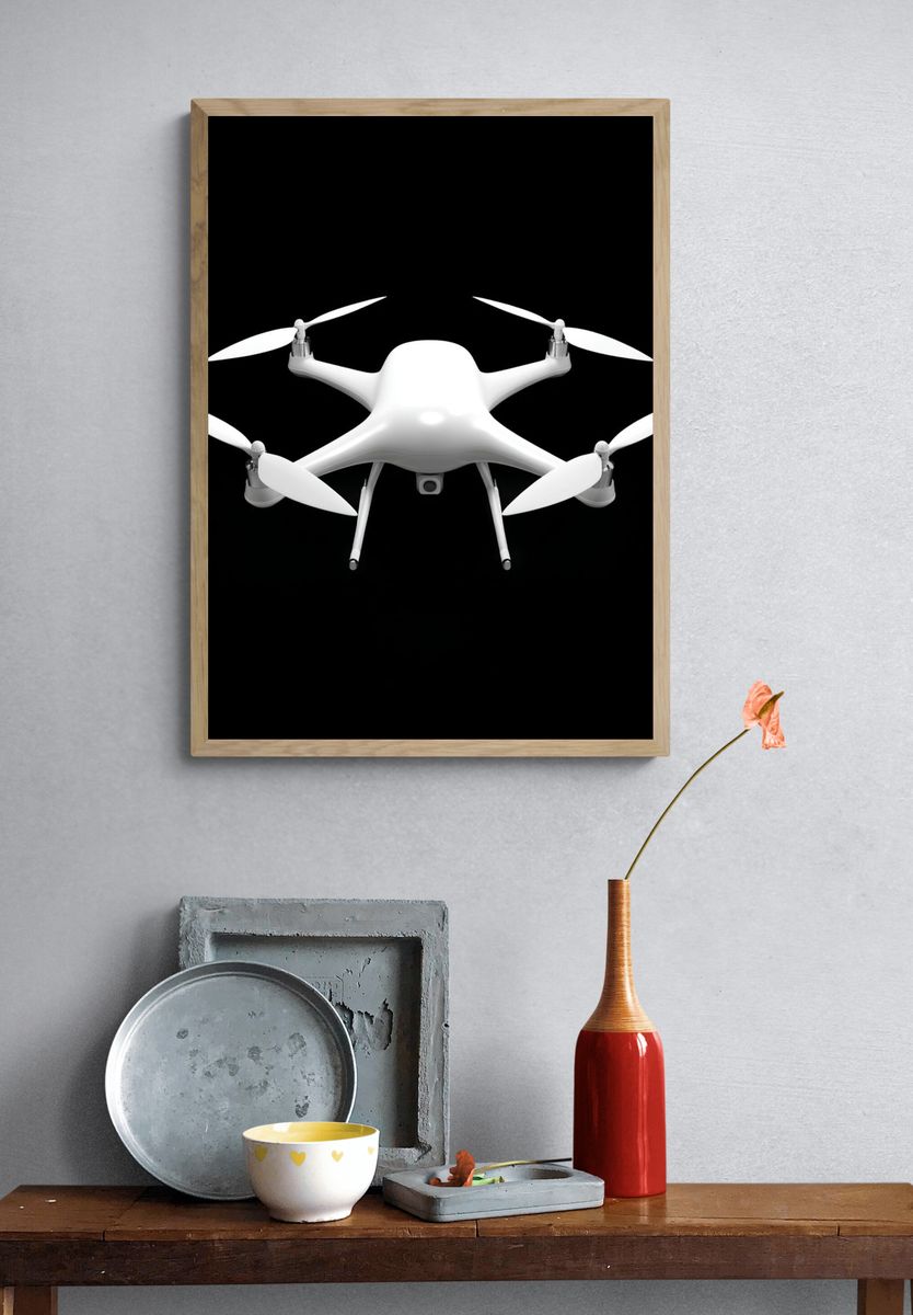 White Drone on Black Background Poster. — room view 3