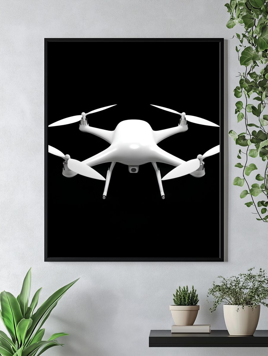 White Drone on Black Background Poster. — room view 4