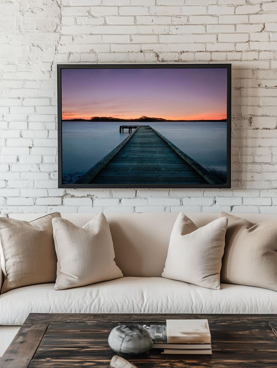 Serene Dock at Sunset — Photography Print. — room view 1