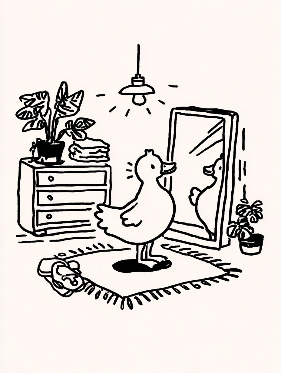 Duck in Front of Mirror — Illustration Print. poster — illustration art