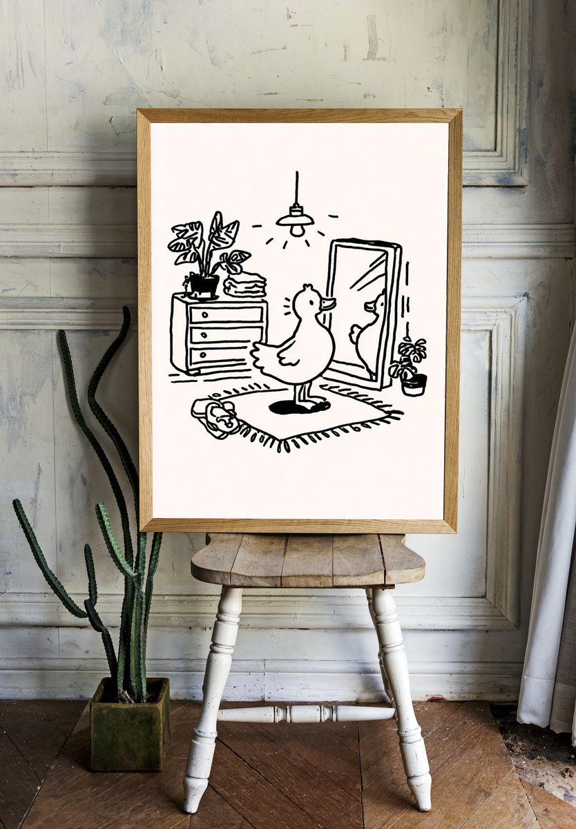 Duck in Front of Mirror — Illustration Print. — room view 1