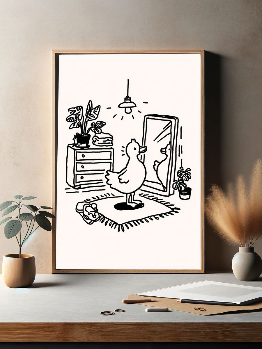 Duck in Front of Mirror — Illustration Print. — room view 2