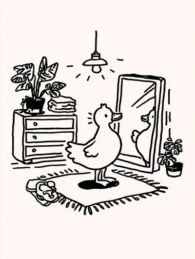 Duck in Front of Mirror — Illustration Print. poster print