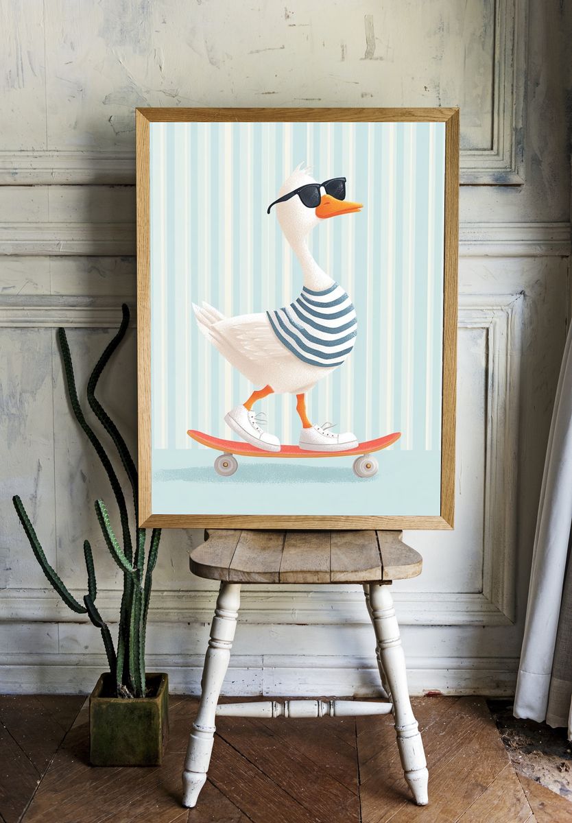 Cool Skateboarding Duck — Illustration Print. — room view 1