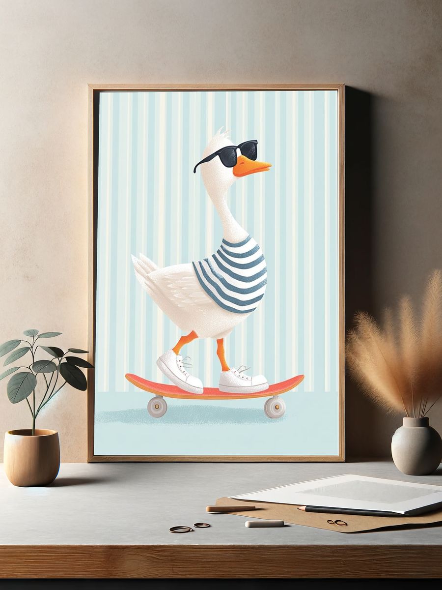 Cool Skateboarding Duck — Illustration Print. — room view 2