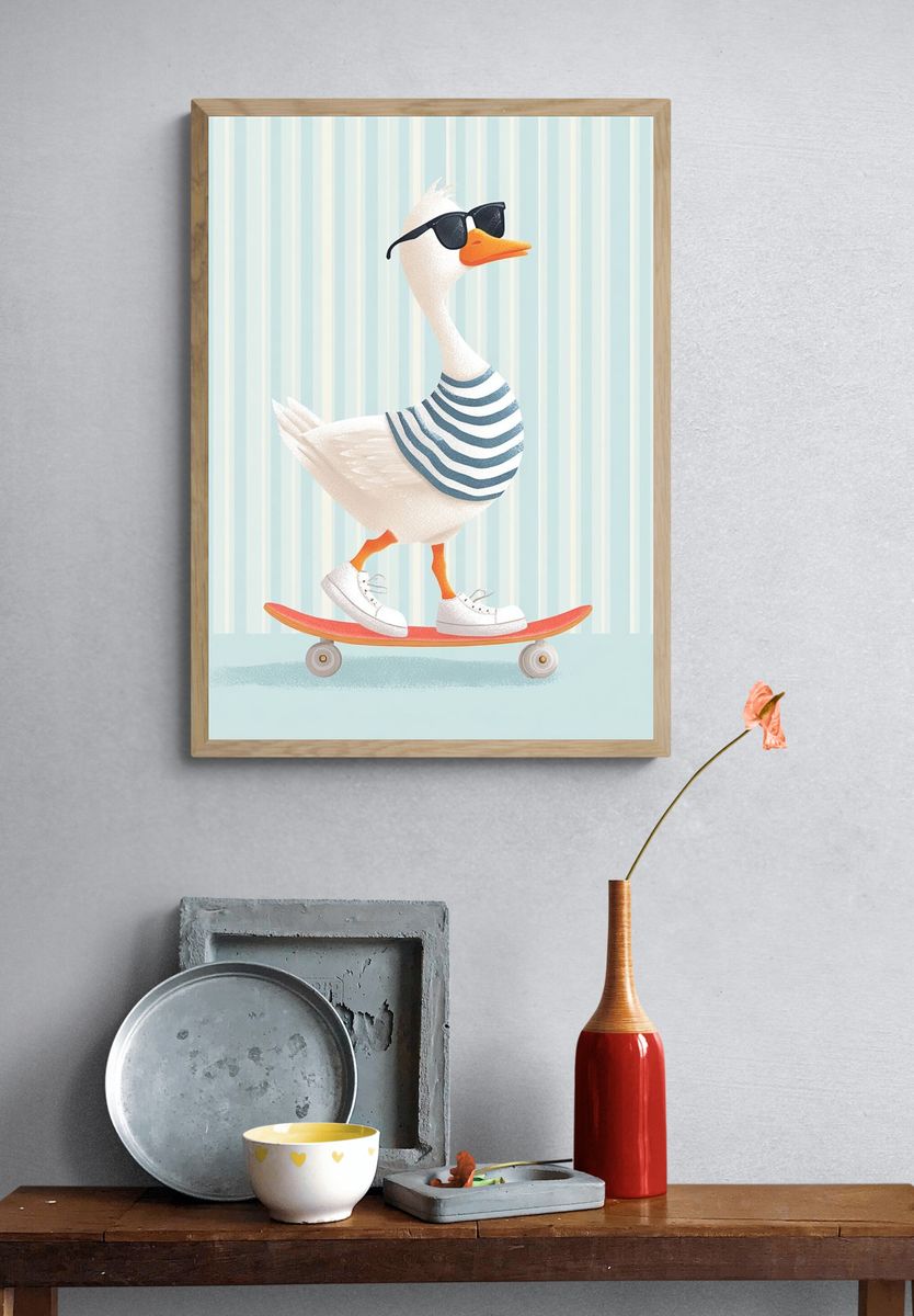 Cool Skateboarding Duck — Illustration Print. — room view 3