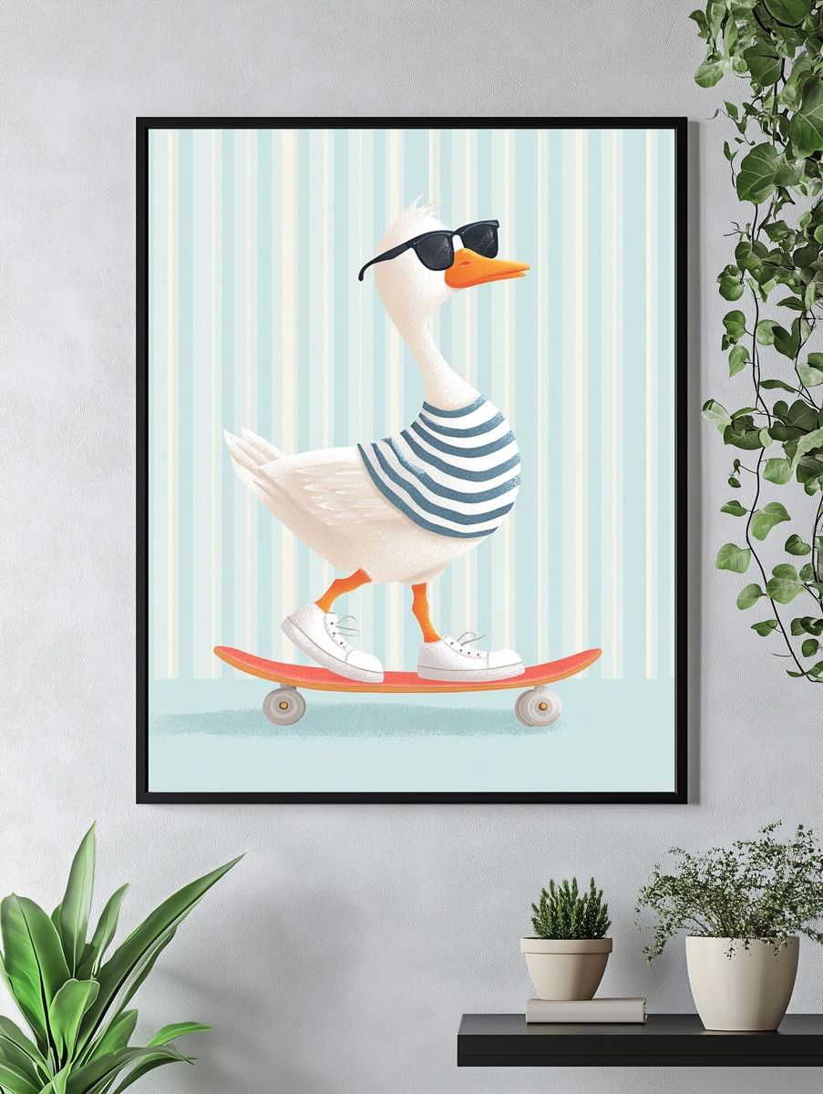 Cool Skateboarding Duck — Illustration Print. — room view 4