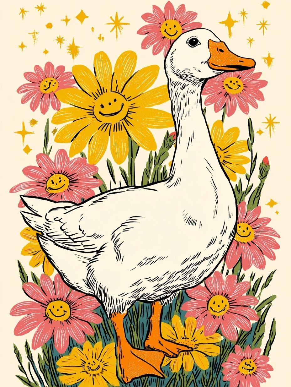Happy Duck with Flowers — Illustration Print. poster — illustration art