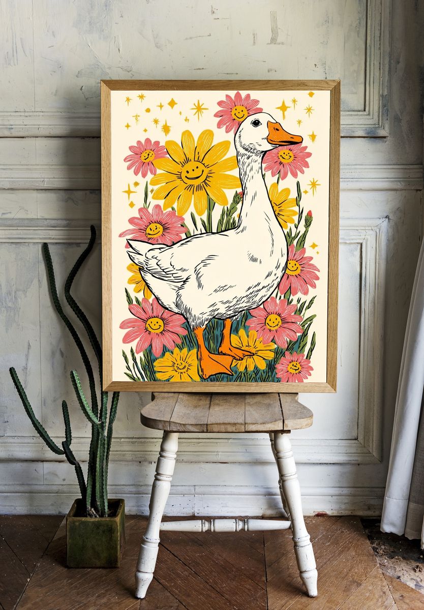 Happy Duck with Flowers — Illustration Print. — room view 1