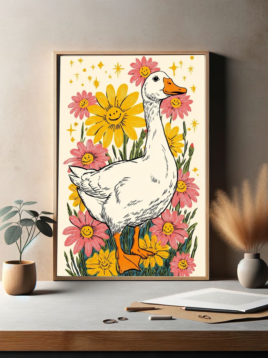 Happy Duck with Flowers — Illustration Print. — room view 2