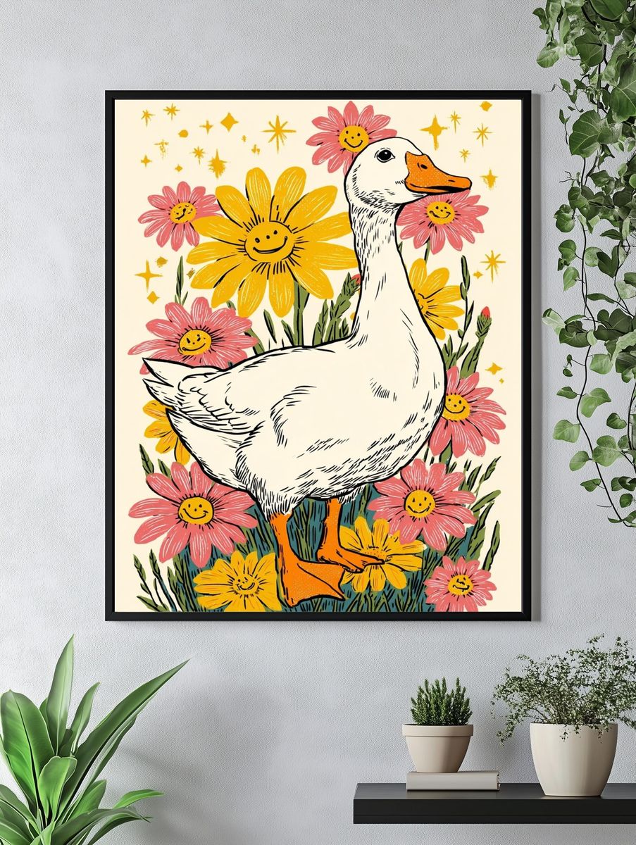 Happy Duck with Flowers — Illustration Print. — room view 4