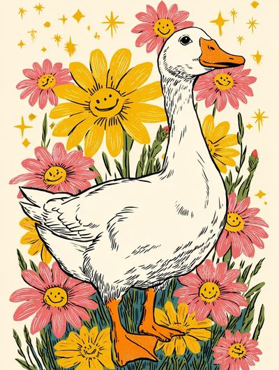 Happy Duck with Flowers — Illustration Print. poster print
