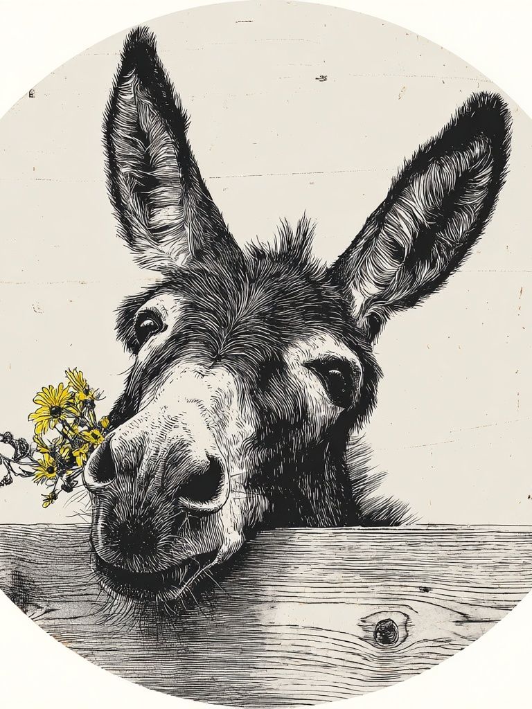 Donkey with Flowers — Illustration Print. poster — illustration art