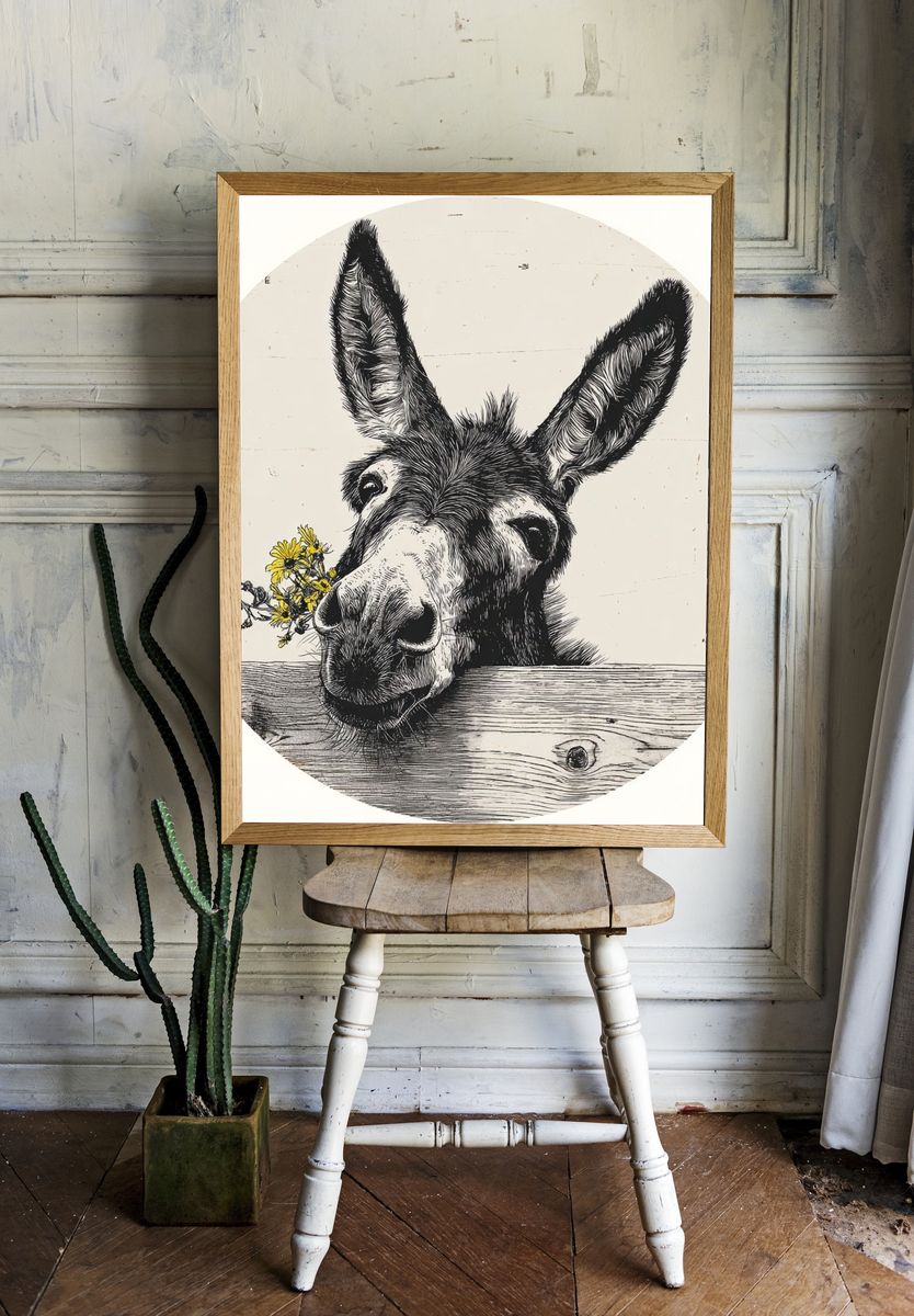Donkey with Flowers — Illustration Print. — room view 1