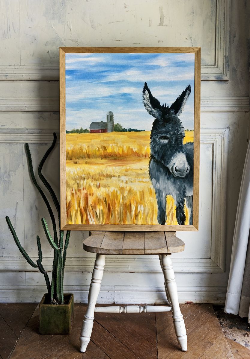Donkey in Wheat Field Illustration Poster. — room view 1