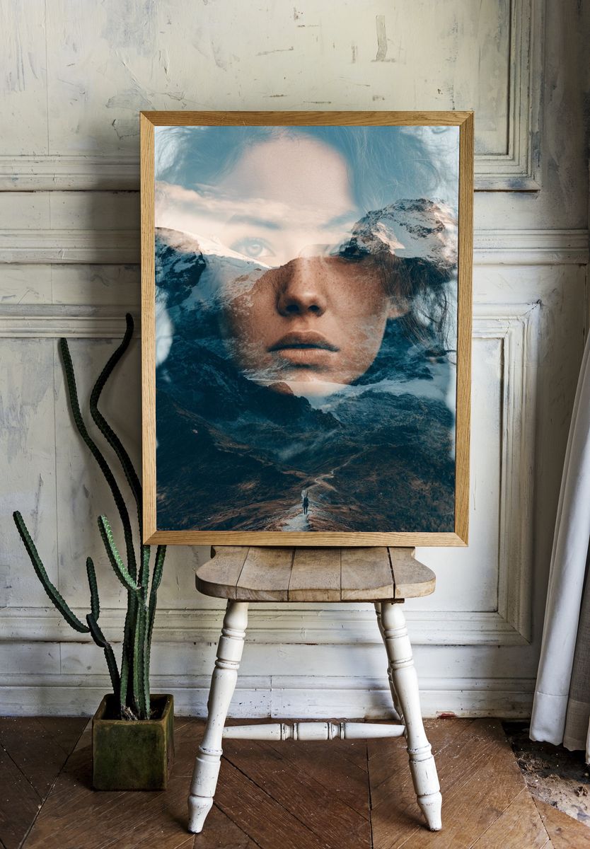Mountain Double Exposure Portrait Print. — room view 1