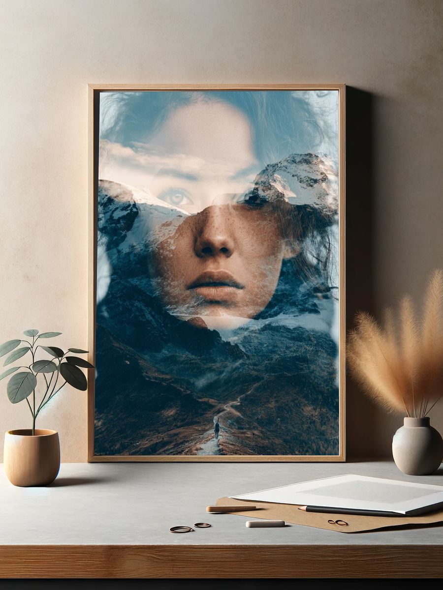 Mountain Double Exposure Portrait Print. — room view 2