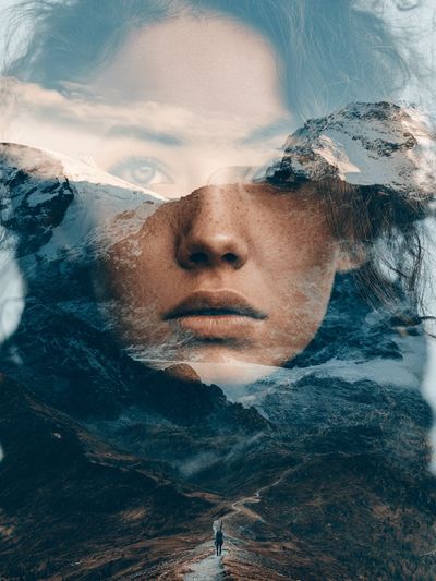 Mountain Double Exposure Portrait Print. poster