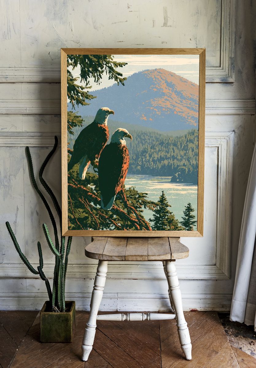 Eagle Over Mountain Lake Print. room preview