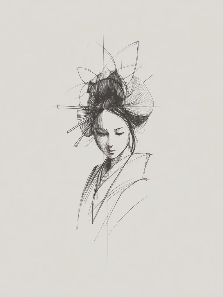 Elegant Geisha — Line Art Print. poster — illustration art