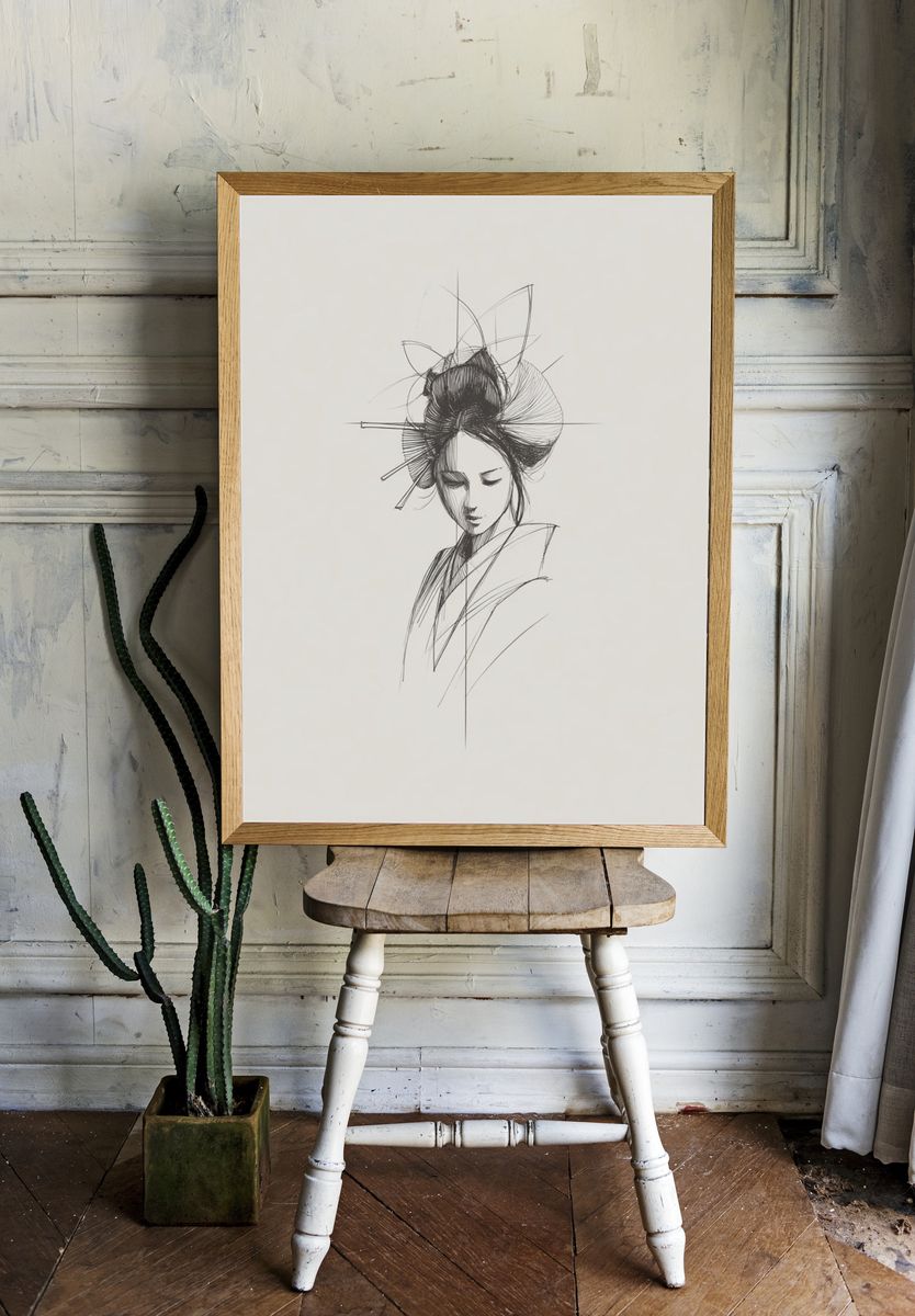 Elegant Geisha — Line Art Print. — room view 1