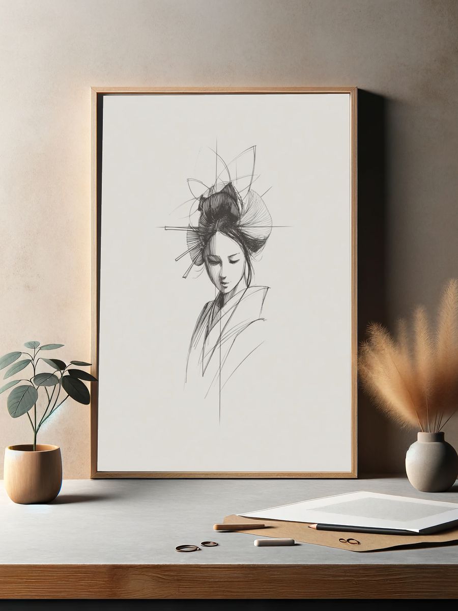 Elegant Geisha — Line Art Print. — room view 2