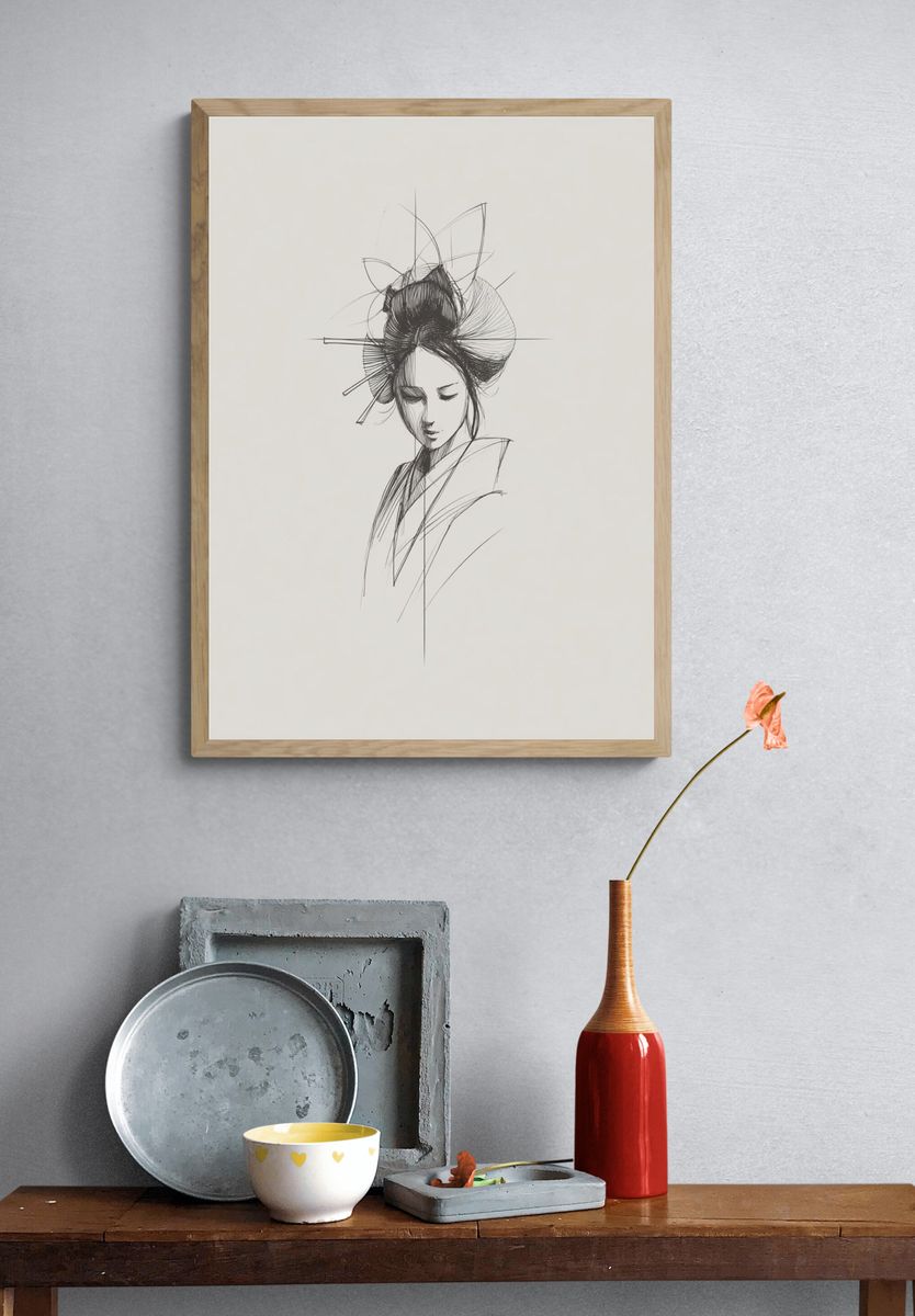 Elegant Geisha — Line Art Print. — room view 3