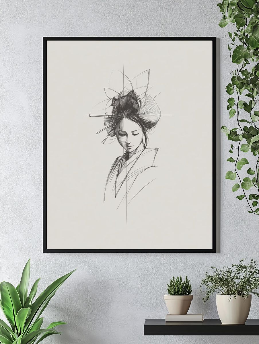 Elegant Geisha — Line Art Print. — room view 4
