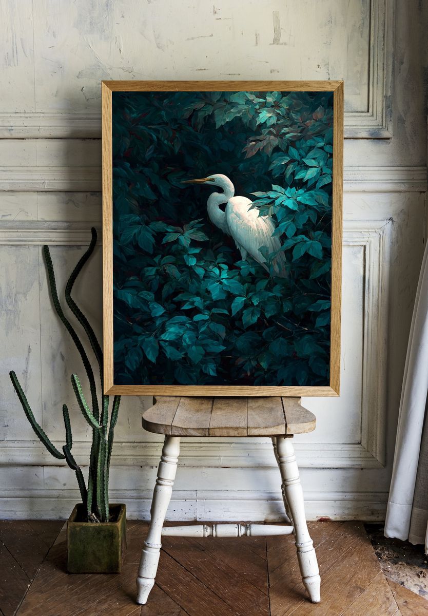 Great Egret in Lush Greenery Poster. room preview
