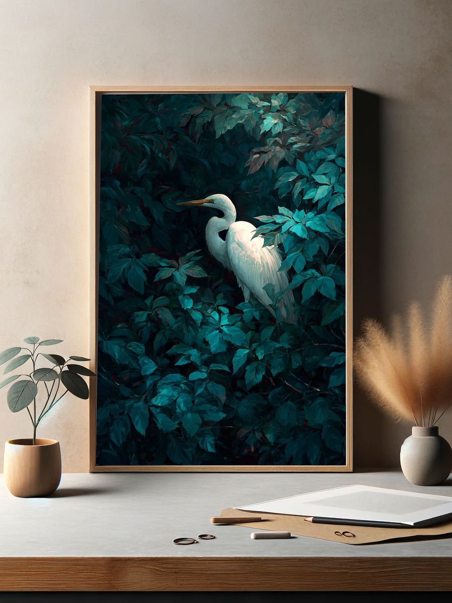 Great Egret in Lush Greenery Poster. — room view 2