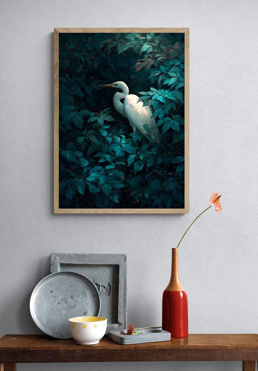 Great Egret in Lush Greenery Poster. — room view 3