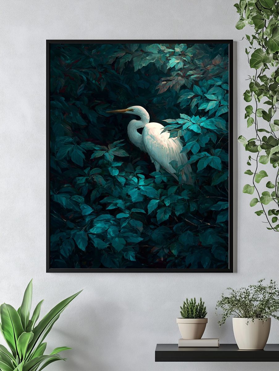 Great Egret in Lush Greenery Poster. — room view 4