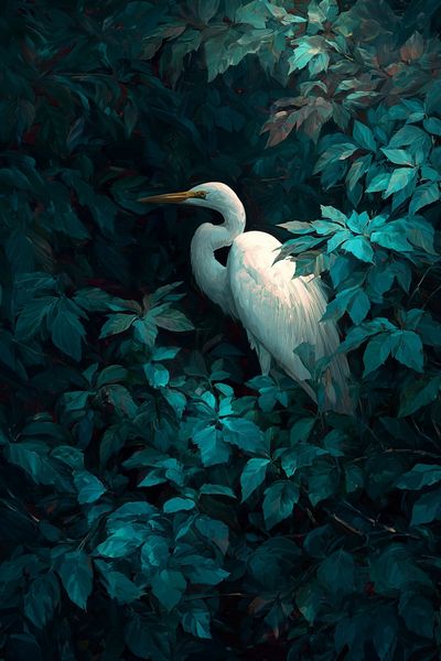 Great Egret in Lush Greenery Poster.