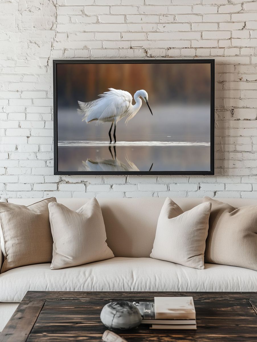 Elegant Egret Reflection Poster. — room view 1