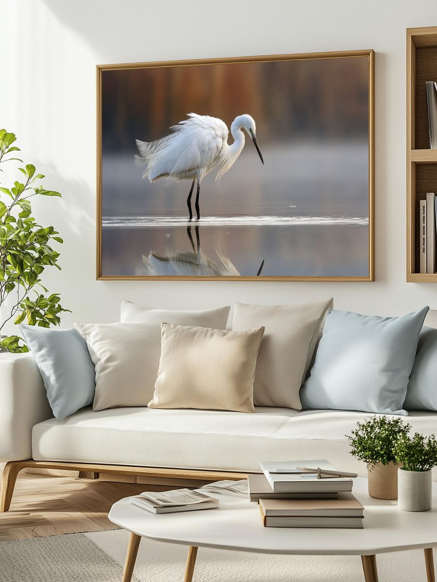 Elegant Egret Reflection Poster. — room view 2