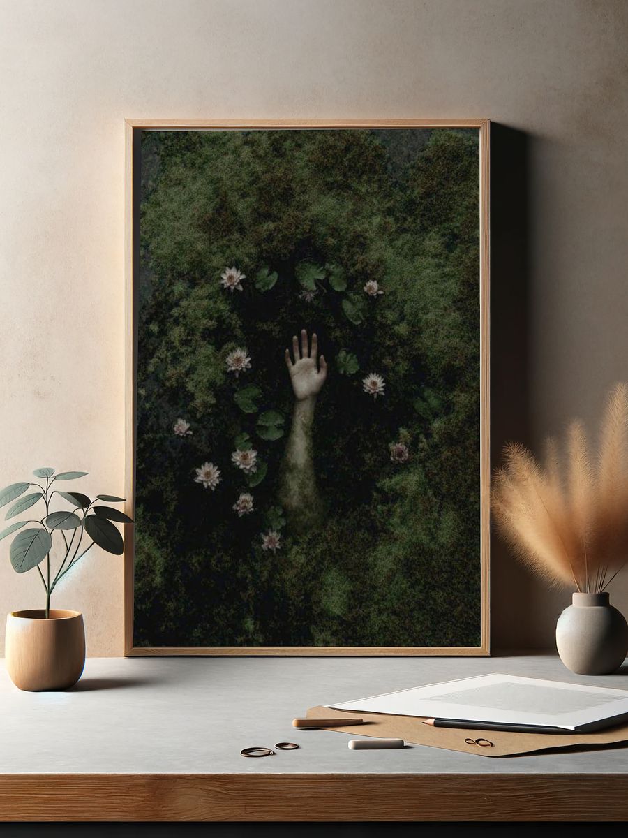 Emerging Hand Among Water Lilies — Fine Art Print. — room view 2