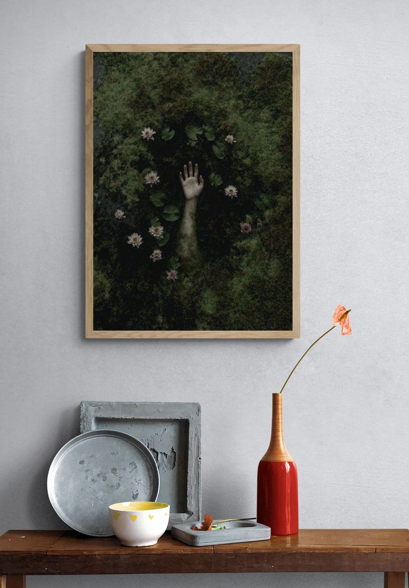 Emerging Hand Among Water Lilies — Fine Art Print. — room view 3