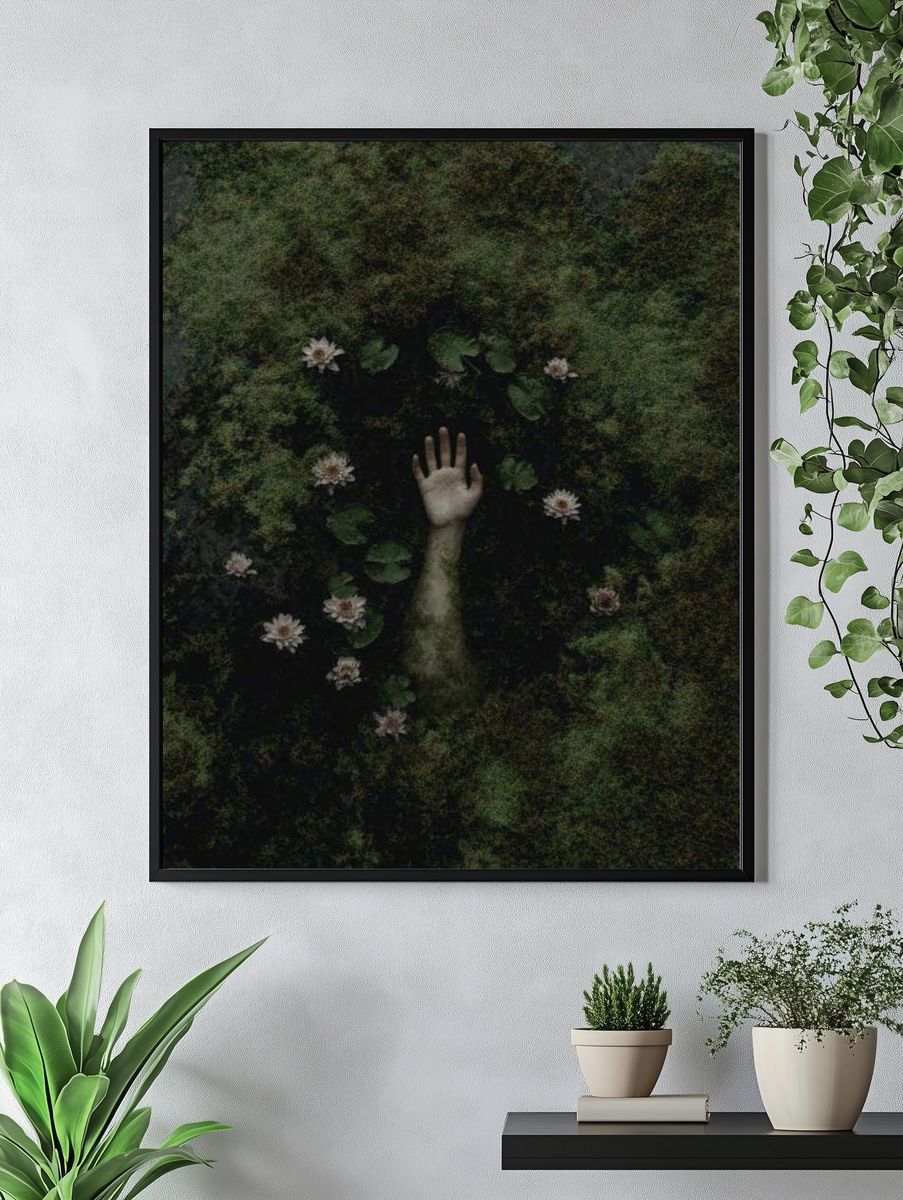 Emerging Hand Among Water Lilies — Fine Art Print. — room view 4