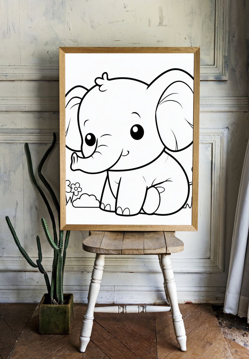 Cute Baby Elephant Line Art Poster. — room view 1