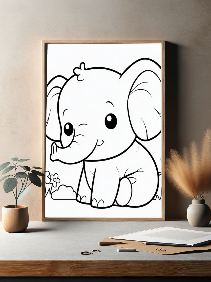 Cute Baby Elephant Line Art Poster. — room view 2