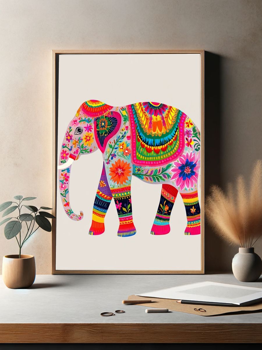 Colorful Elephant Illustration Poster. — room view 2