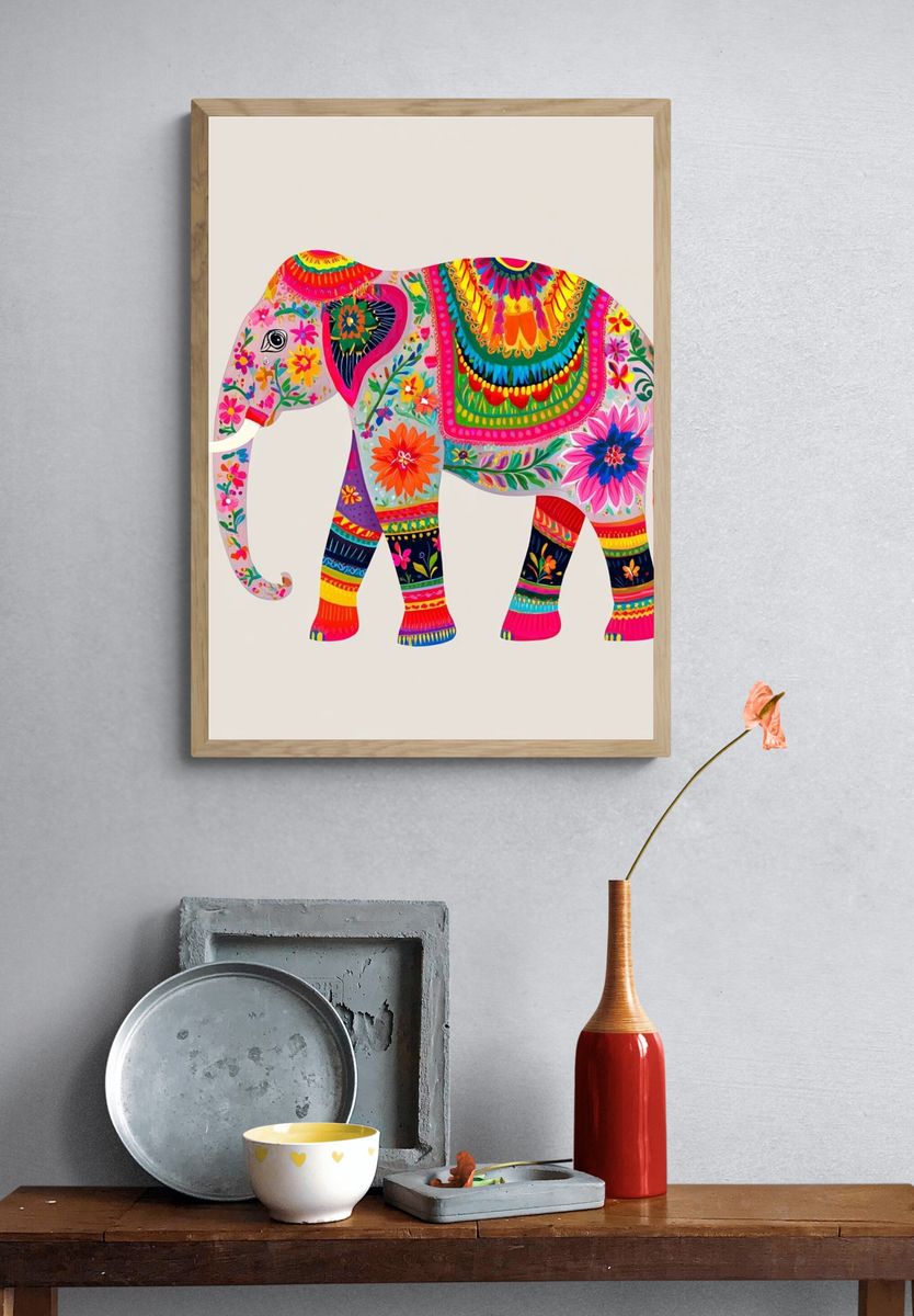Colorful Elephant Illustration Poster. — room view 3