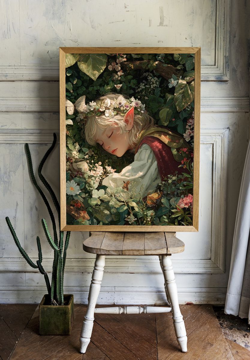 Sleeping Elf in a Floral Garden — Art Print. — room view 1