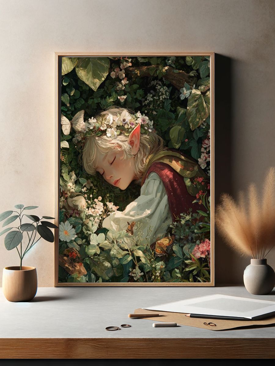 Sleeping Elf in a Floral Garden — Art Print. — room view 2