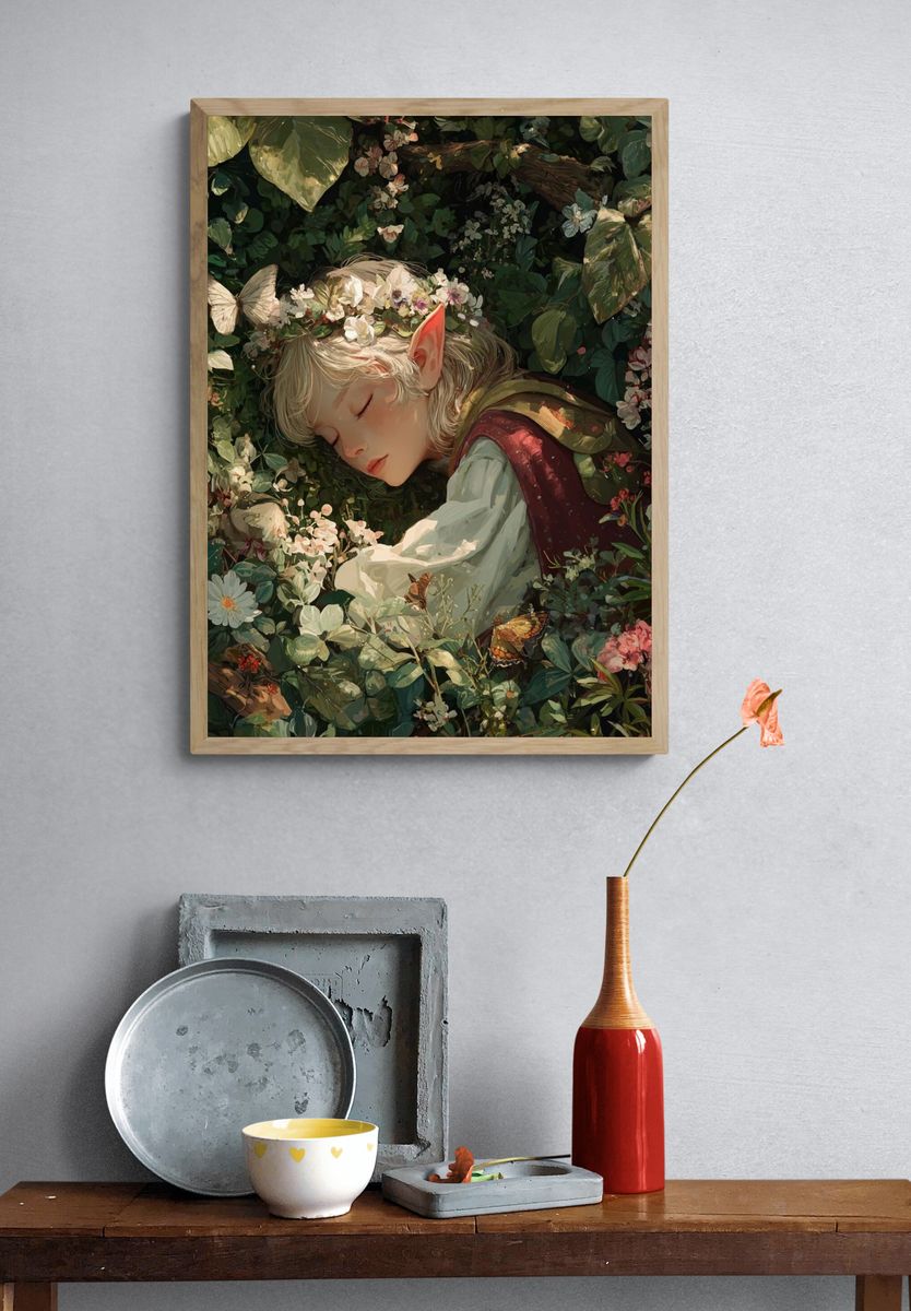 Sleeping Elf in a Floral Garden — Art Print. — room view 3