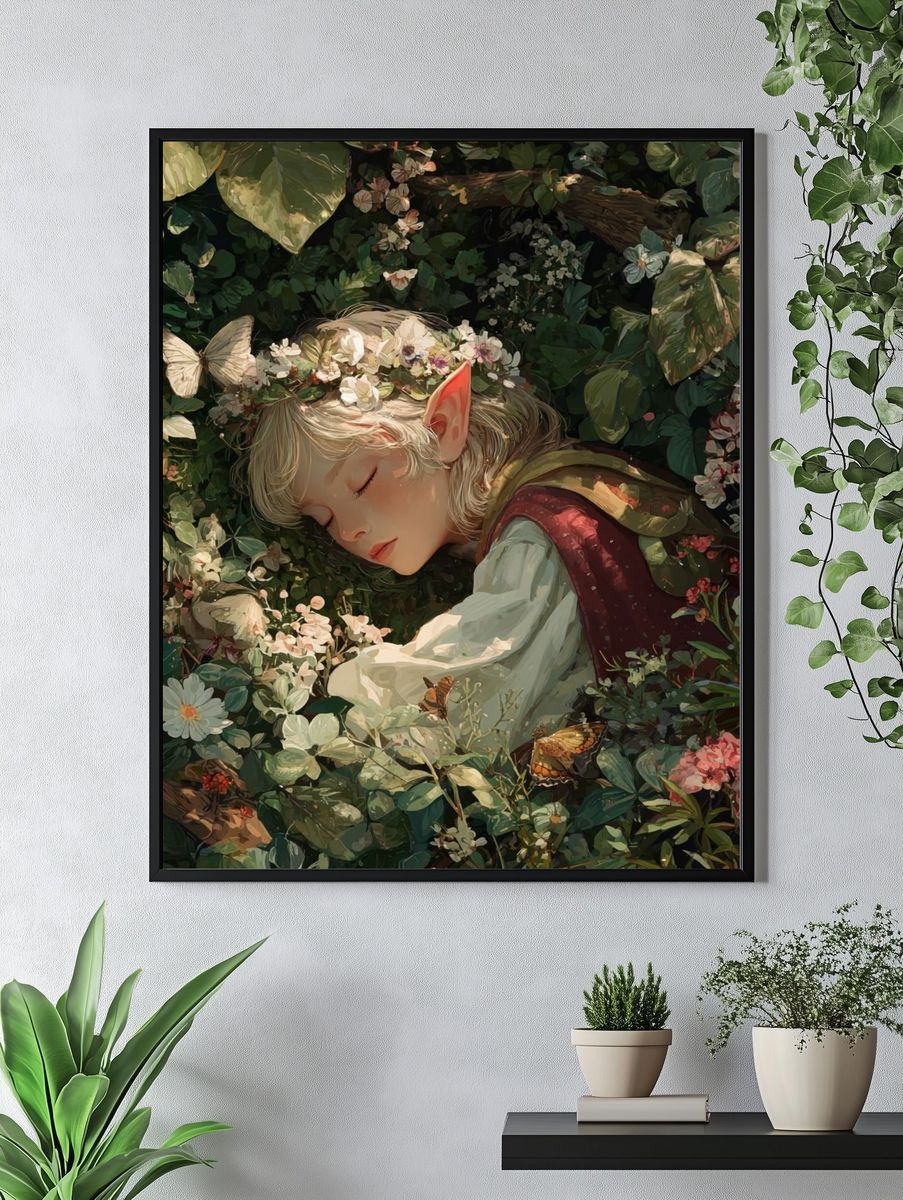 Sleeping Elf in a Floral Garden — Art Print. — room view 4