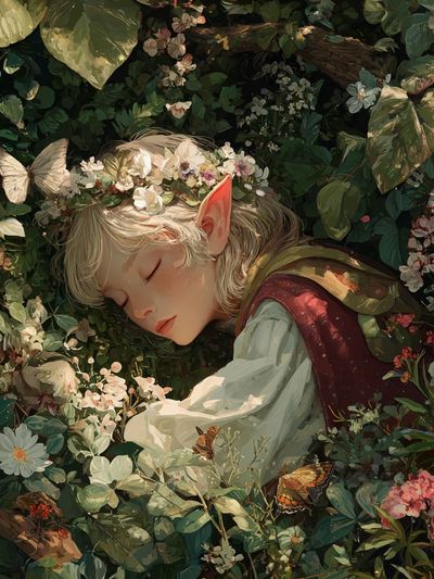 Sleeping Elf in a Floral Garden — Art Print. poster