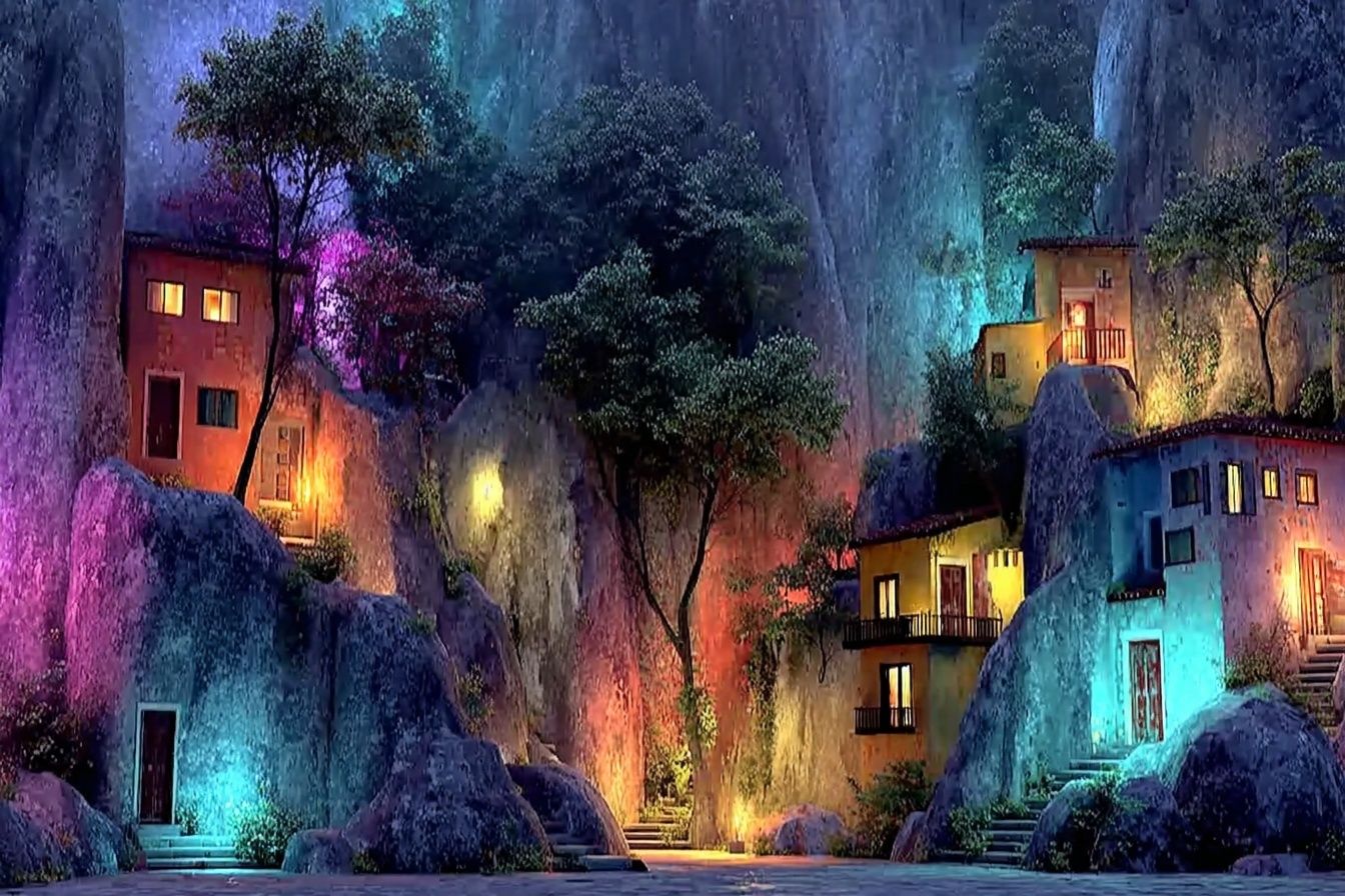 Enchanting Mountain Village — Digital Art Print. poster — illustration art