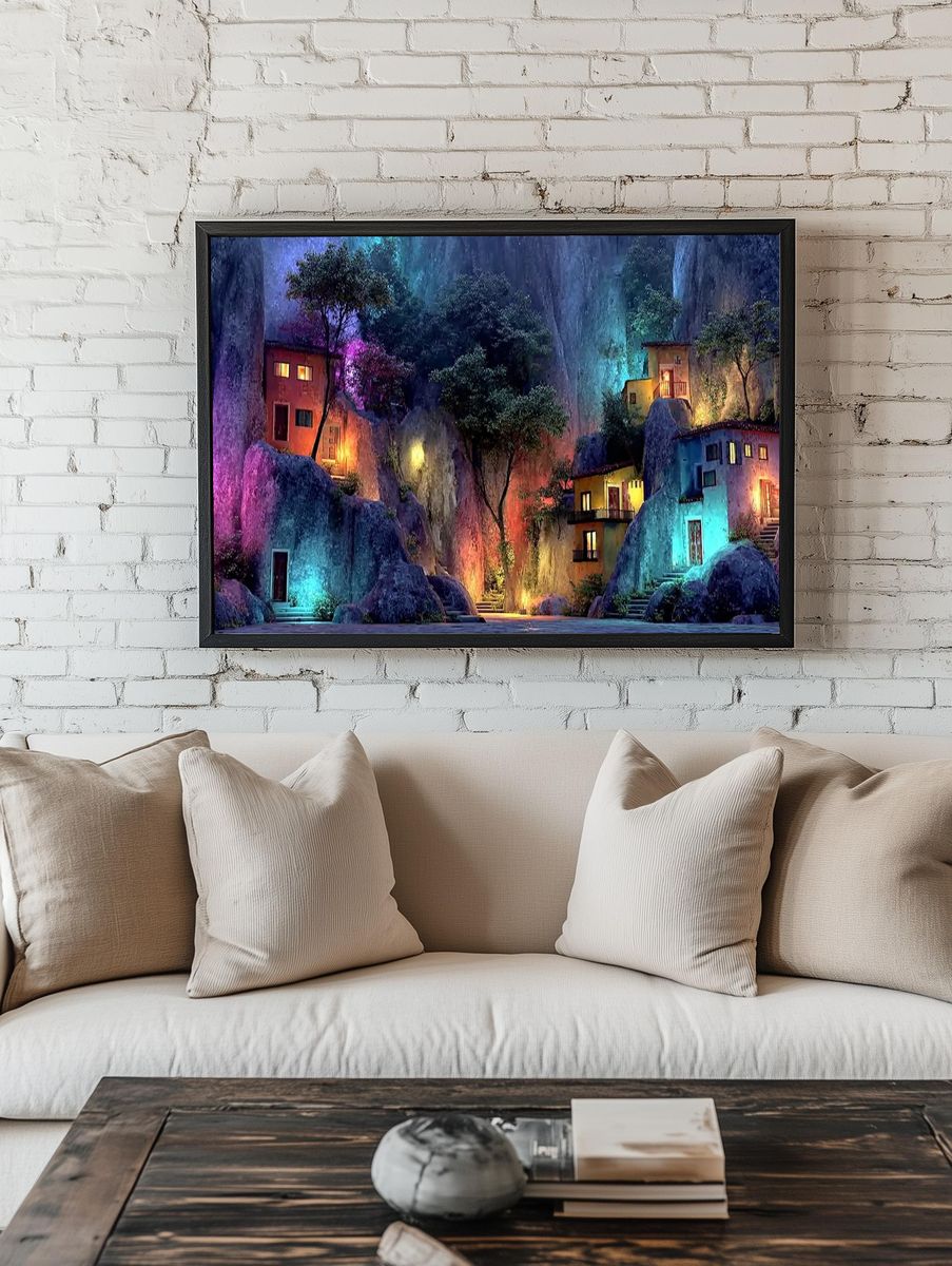 Enchanting Mountain Village — Digital Art Print. — room view 1